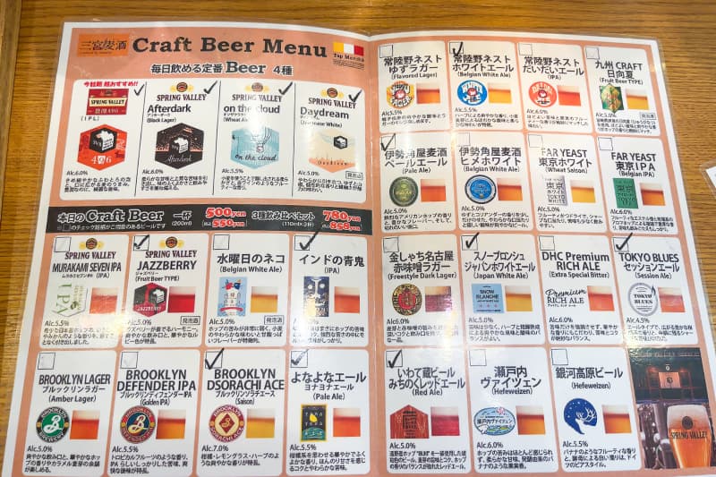 クラフトビールのメニュー表